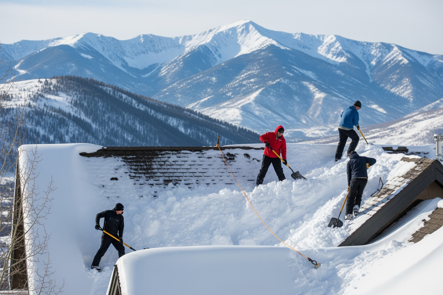 Professional snow removal from a Park City residential roof to prevent ice damming - park city roofers near me Professional snow removal from a Park City residential roof to prevent ice damming - park city roofers near me