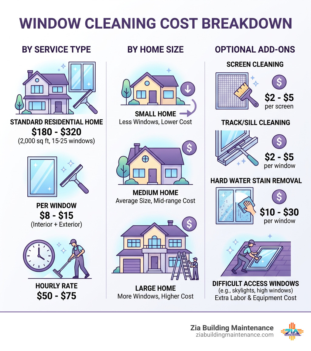 Infographic showing window cleaning cost breakdown by service type, home size, and add-ons - cost of window cleaning near me Infographic showing window cleaning cost breakdown by service type, home size, and add-ons - cost of window cleaning near me