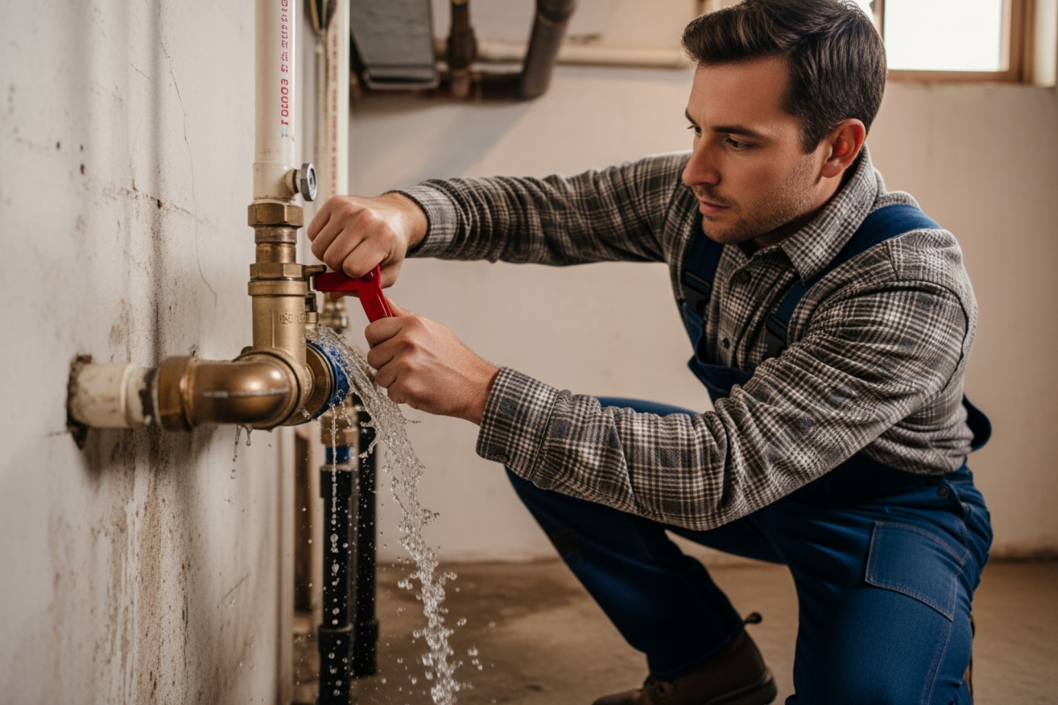 Homeowner turning off the main water shut-off valve during a leak - 24/7 emergency service