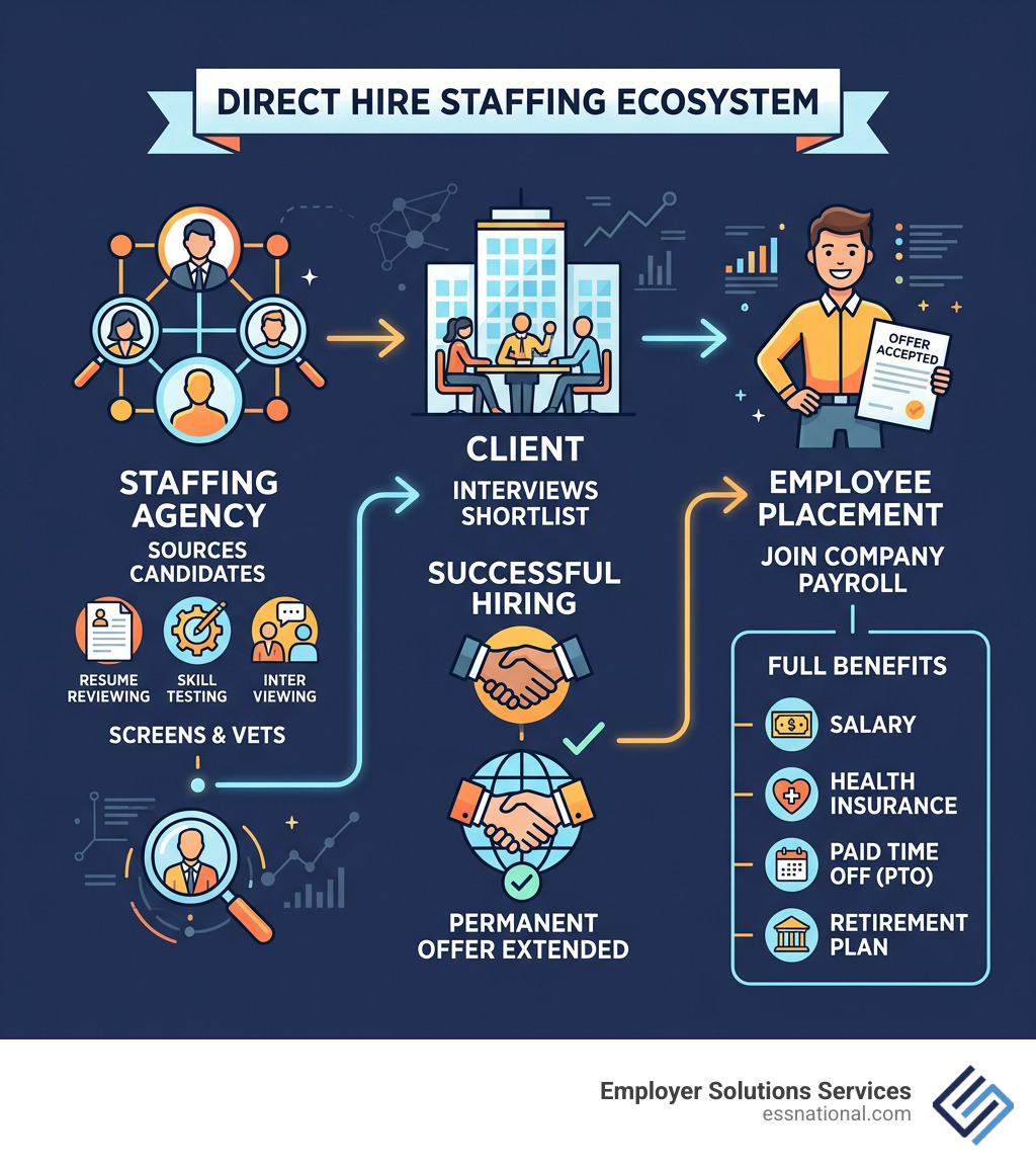 Direct hire staffing ecosystem: agency sources candidates, screens them, places permanently on employer payroll with full