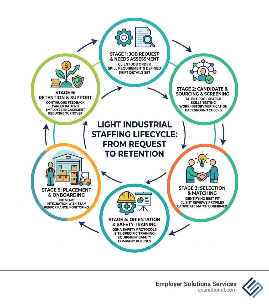 Light industrial staffing lifecycle from job request to placement to retention - light industrial staffing agencies Light industrial staffing lifecycle from job request to placement to retention - light industrial staffing agencies