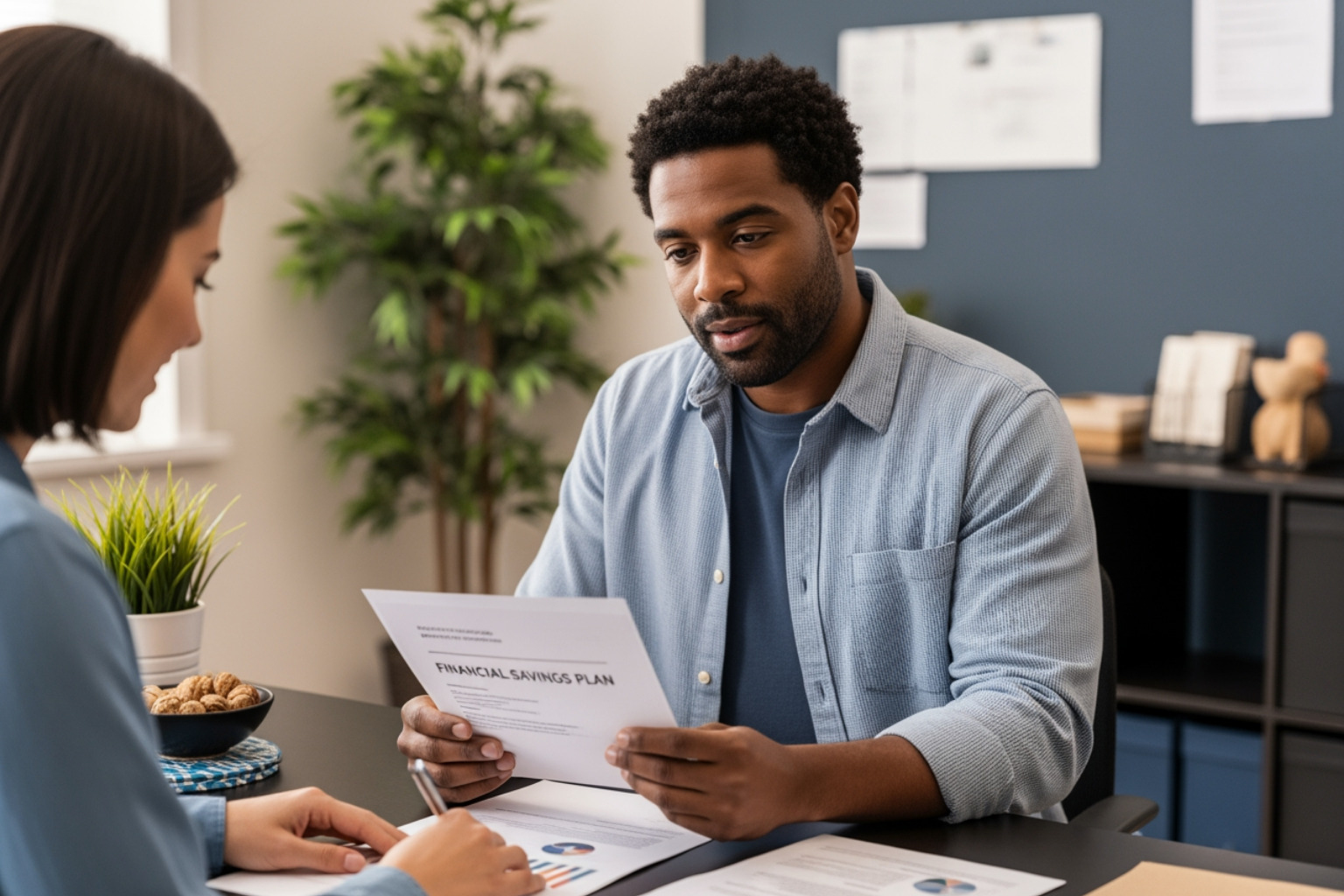 A person sitting at a desk reviewing a financial savings plan with a coach - hud self sufficiency program