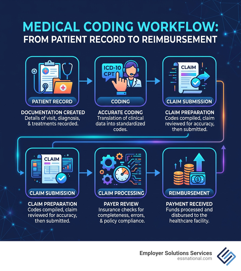 Medical coding workflow from patient record to claims reimbursement infographic - medical coder temporary agency infographic Medical coding workflow from patient record to claims reimbursement infographic - medical coder temporary agency infographic