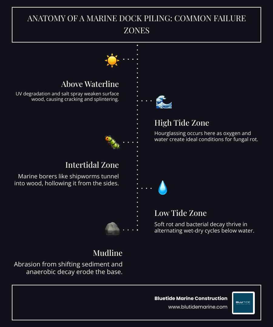 Anatomy of a marine dock piling showing common failure zones from waterline to mudline - boat dock piling repair infographic