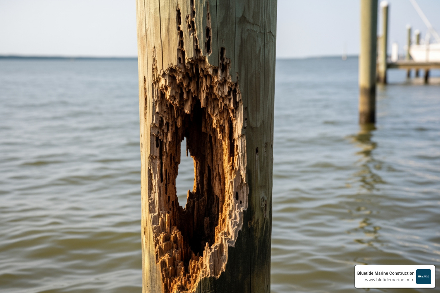 Example of hourglassing in a wood piling where the center has been eaten away by marine borers - boat dock piling repair