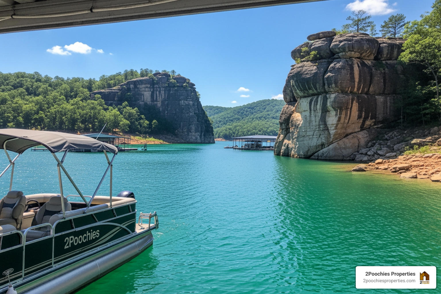 scenic lakefront view of Smith Lake with a pontoon boat and 2Poochies logo - boat rentals at smith lake alabama