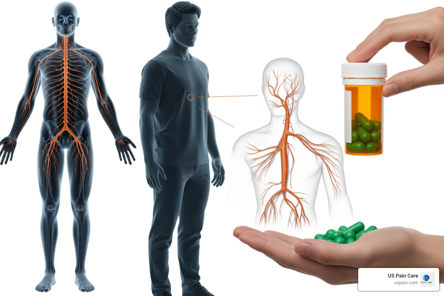 Illustration of damaged nerve fibers vs healthy nerve fibers - do painkillers help nerve pain