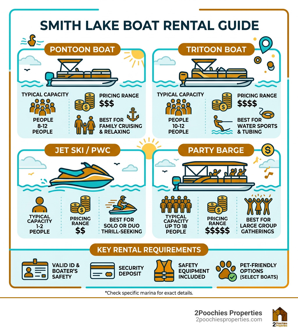 infographic showing Smith Lake boat rental types, pricing ranges, capacity, and key requirements - boat rentals at smith