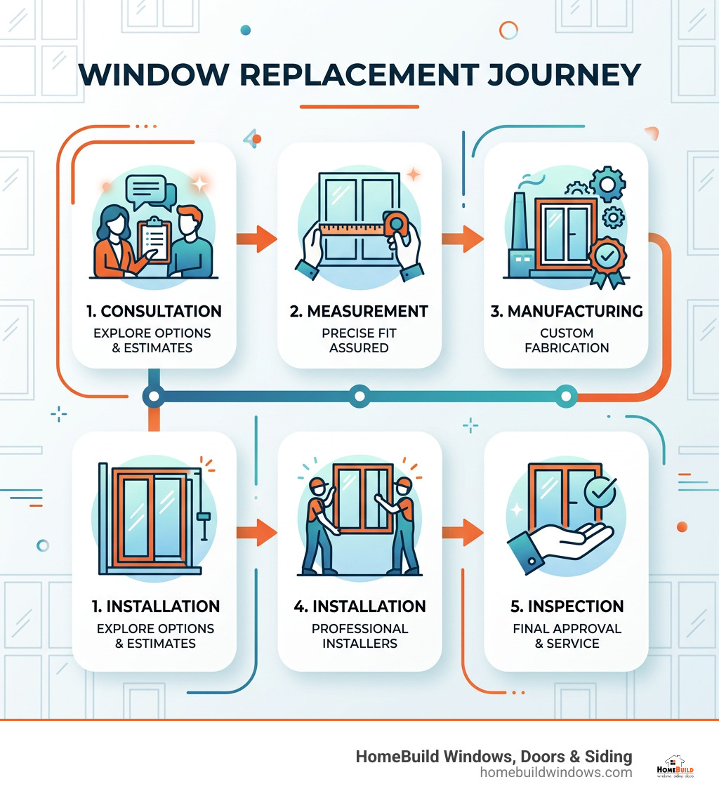 Window replacement journey infographic: consultation, measurement, manufacturing, installation, inspection - window