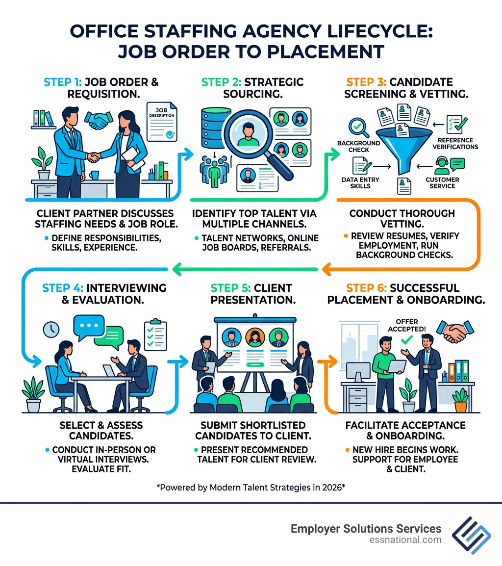 Office staffing agency lifecycle from job order to placement infographic - office job staffing agency infographic 