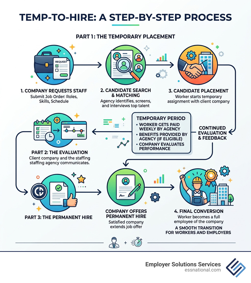 Infographic showing the temp-to-hire process from job order to placement to permanent hire - local temp job agencies