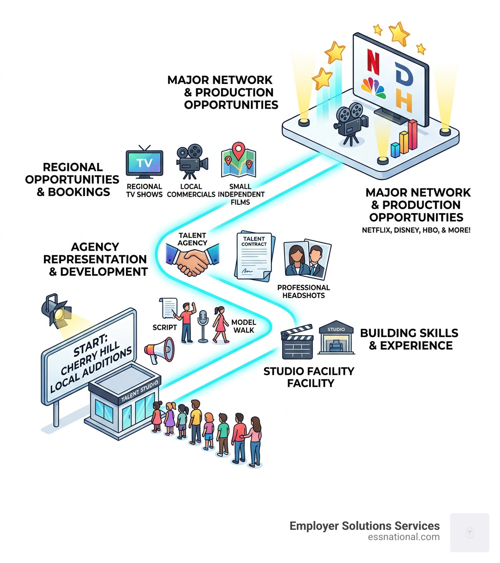 Infographic showing the path from local Cherry Hill auditions to major network casting opportunities - cherry hill talent Infographic showing the path from local Cherry Hill auditions to major network casting opportunities - cherry hill talent