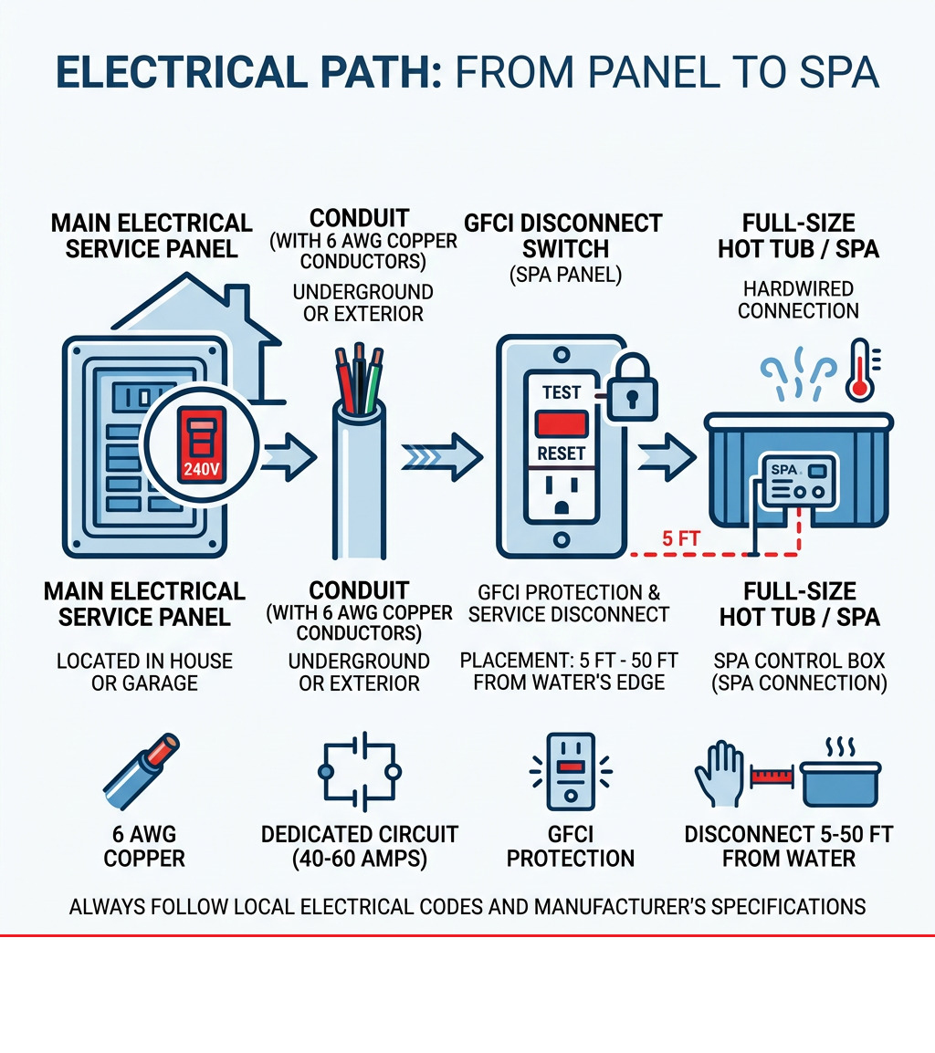 Infographic: electrical path from main panel to hot tub GFCI disconnect to spa connection - hot tub electrical requirements Infographic: electrical path from main panel to hot tub GFCI disconnect to spa connection - hot tub electrical requirements