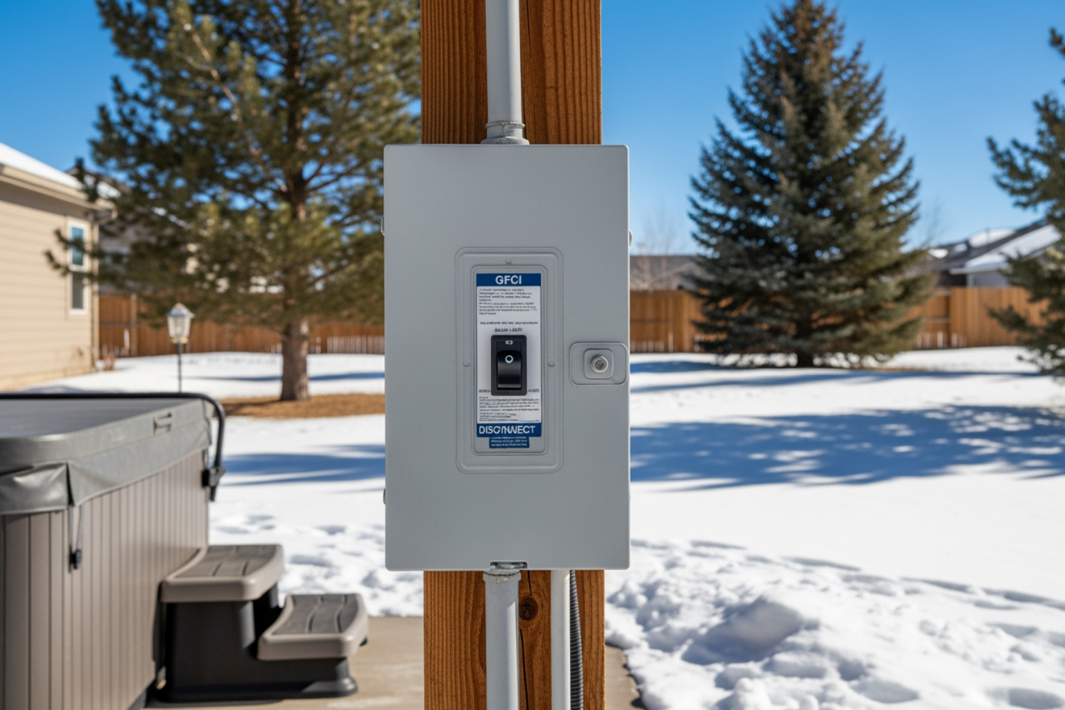 GFCI spa panel installed on a post near a hot tub - hot tub electrical requirements GFCI spa panel installed on a post near a hot tub - hot tub electrical requirements