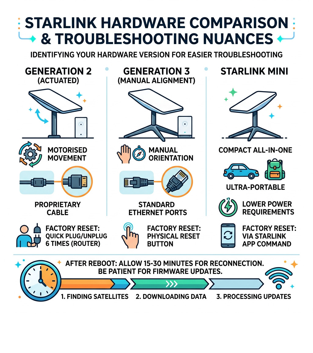 Comparison of Starlink Gen 2 vs Gen 3 and Mini hardware nuances infographic - Starlink troubleshooting infographic Comparison of Starlink Gen 2 vs Gen 3 and Mini hardware nuances infographic - Starlink troubleshooting infographic
