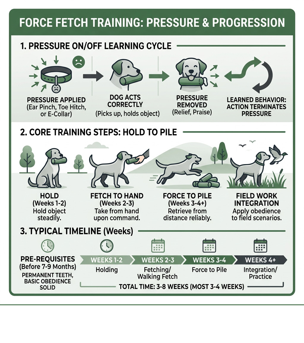 Infographic showing the Force Fetch pressure on/off learning cycle, steps from hold to force to pile, and typical timeline Infographic showing the Force Fetch pressure on/off learning cycle, steps from hold to force to pile, and typical timeline