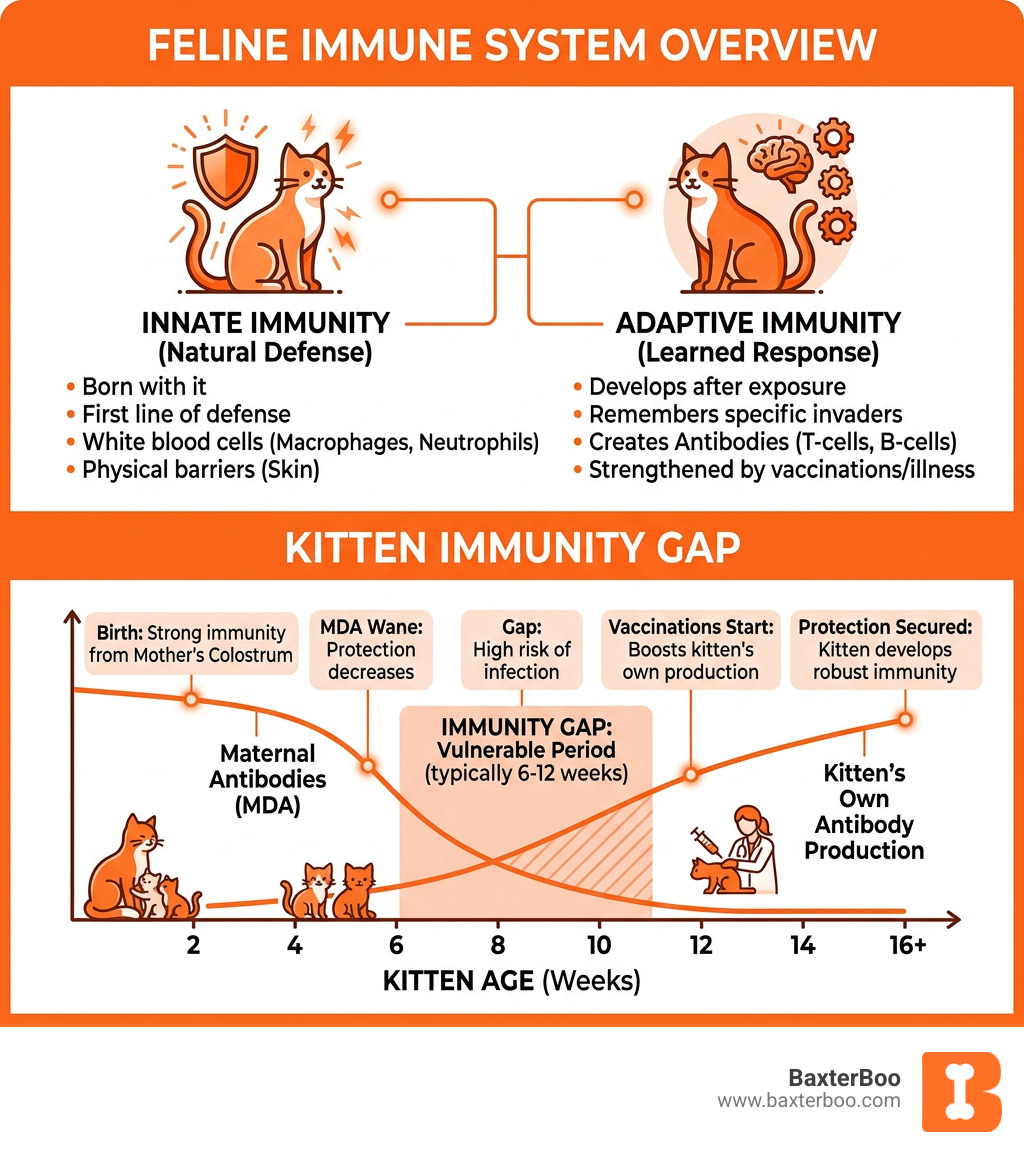 Feline immune system overview and kitten immunity gap infographic - immune boost for cats infographic Feline immune system overview and kitten immunity gap infographic - immune boost for cats infographic