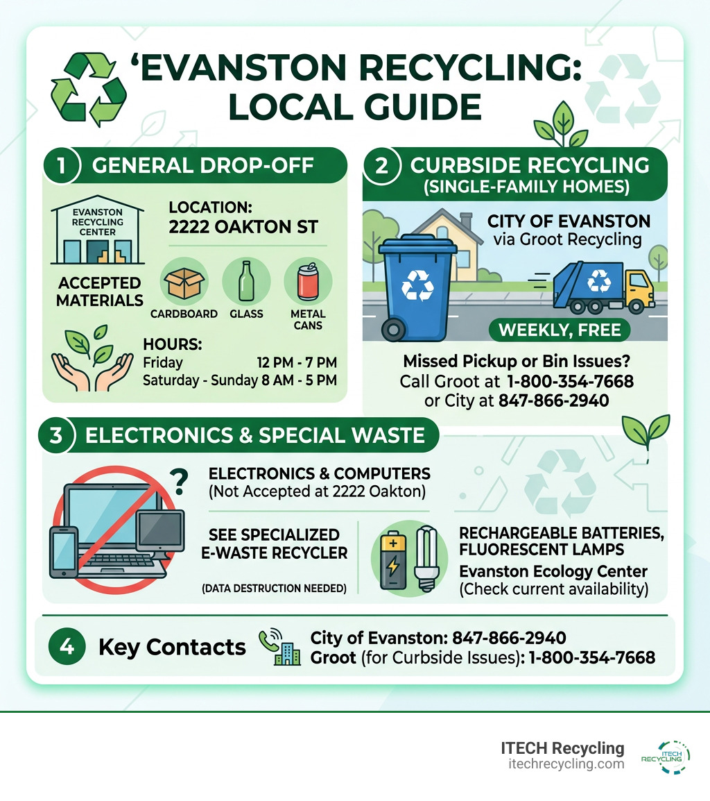 Infographic showing Evanston recycling options by material type, hours, and contact info - evanston recycling center