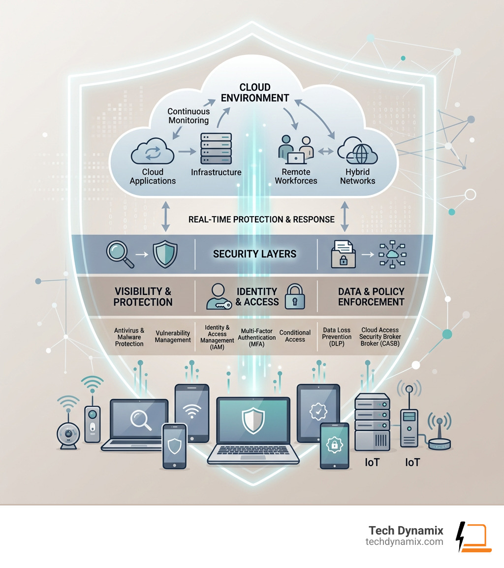 Cloud endpoint security ecosystem showing devices, cloud, and security layers - cloud endpoint security infographic 