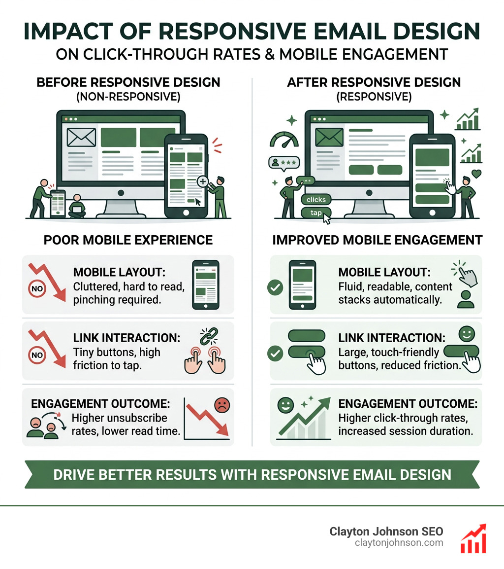 Infographic showing the impact of responsive design on click-through rates and mobile engagement - email marketing html