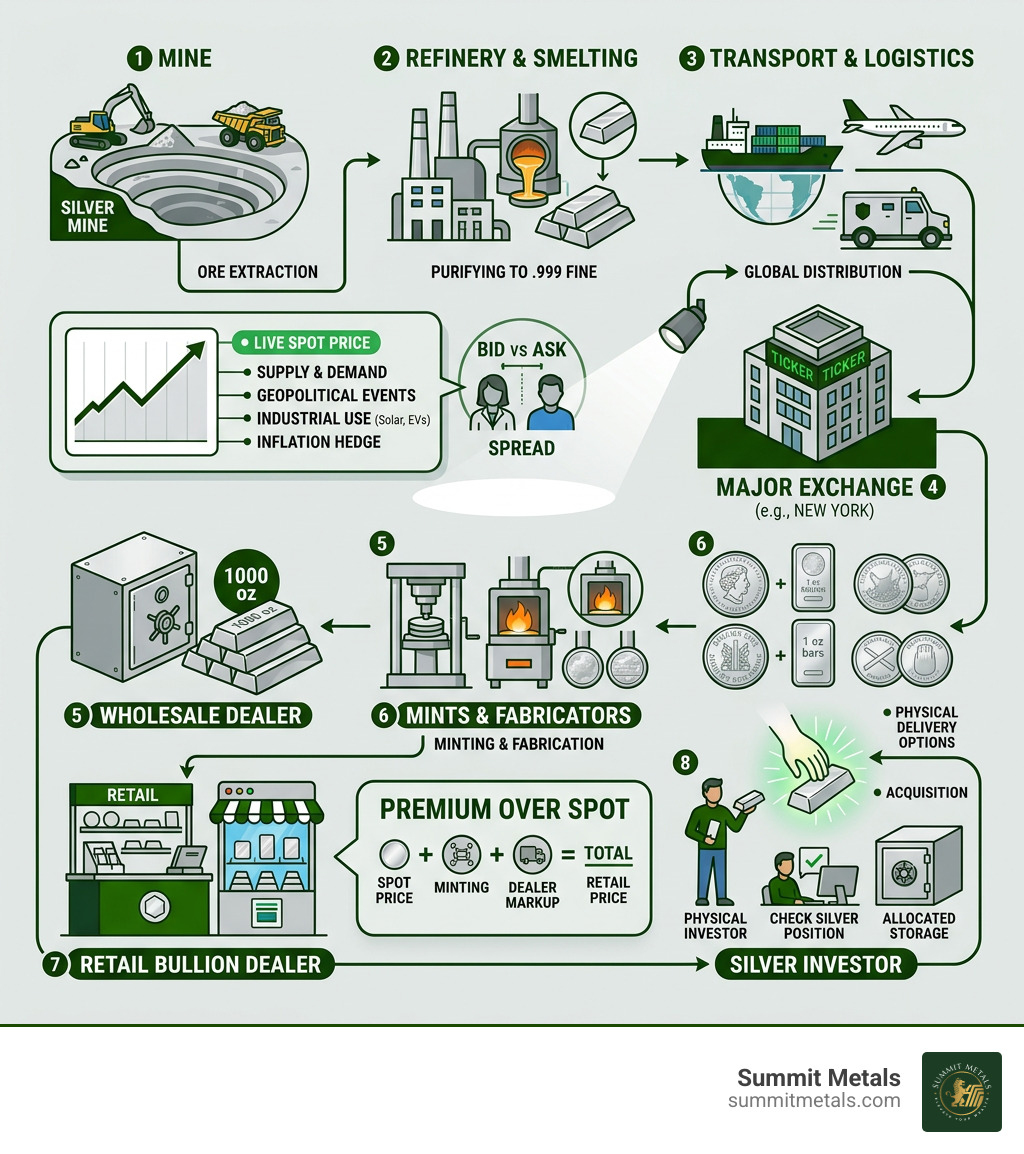 Silver supply chain infographic from mine to investor showing spot price, premiums, and physical delivery - real time silver Silver supply chain infographic from mine to investor showing spot price, premiums, and physical delivery - real time silver