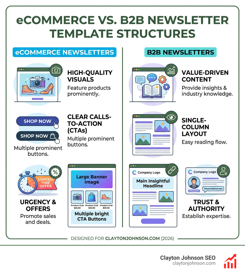 Infographic showing different template structures for eCommerce vs. B2B newsletters - email marketing html templates