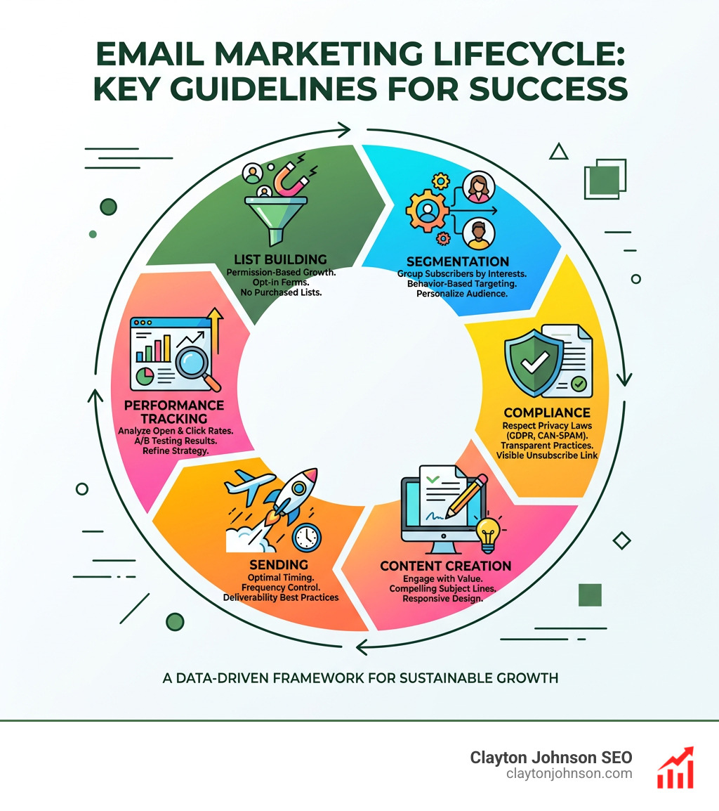 Email marketing lifecycle infographic showing list building, segmentation, compliance, content creation, sending, and
