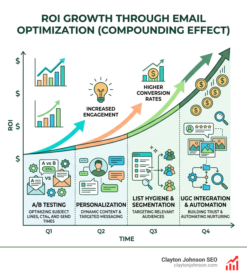 ROI growth chart showing the compounding effect of optimized email campaigns - email marketing guidelines infographic 