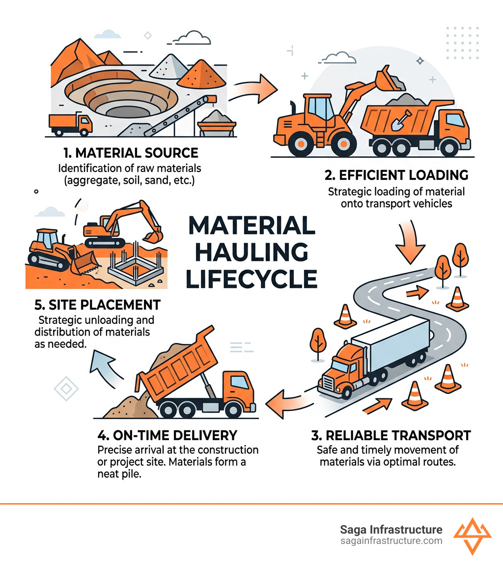 Infographic showing the material hauling lifecycle: source, loading, transport, delivery, and site placement - material