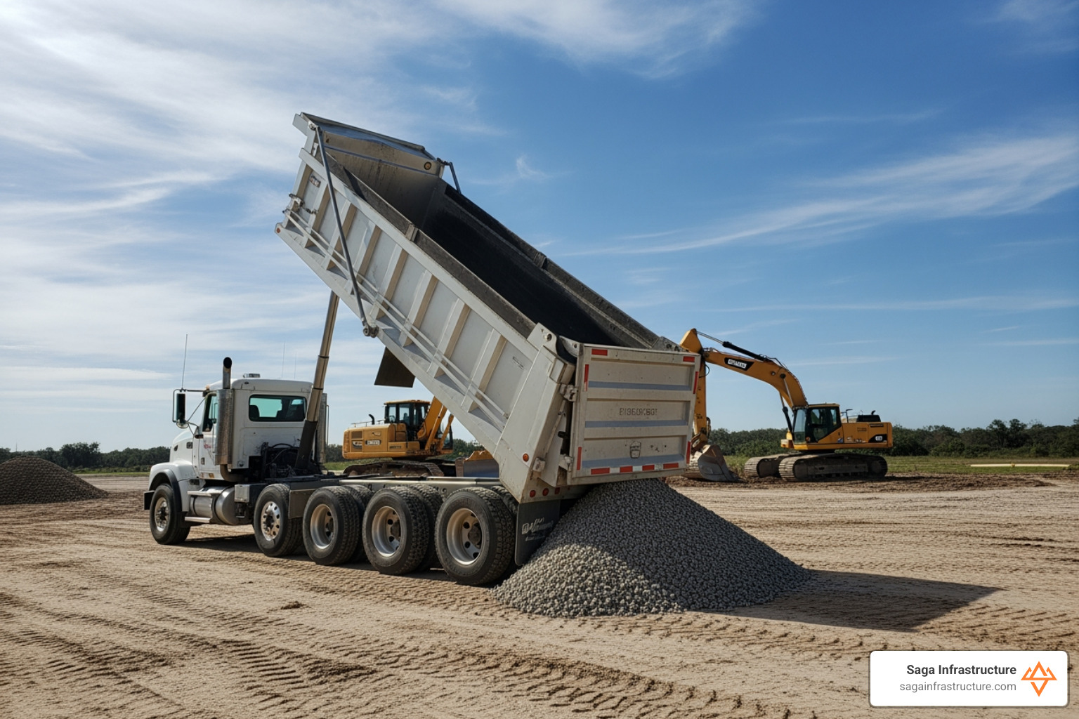 Aggregate materials being unloaded from a large dump truck on a site in Florida - material hauling services