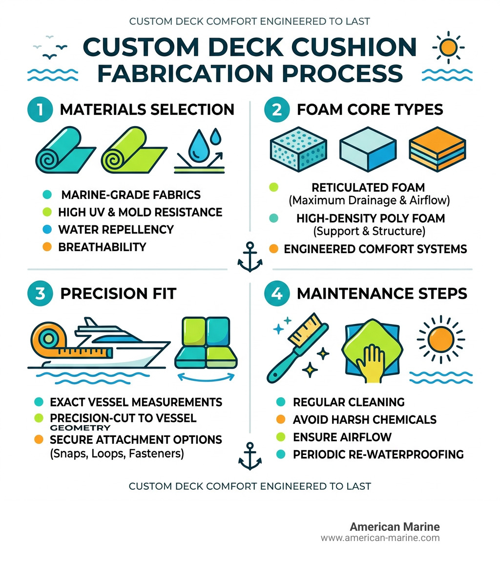 Custom deck cushion fabrication process: materials, foam types, fit, and maintenance steps - custom deck cushions