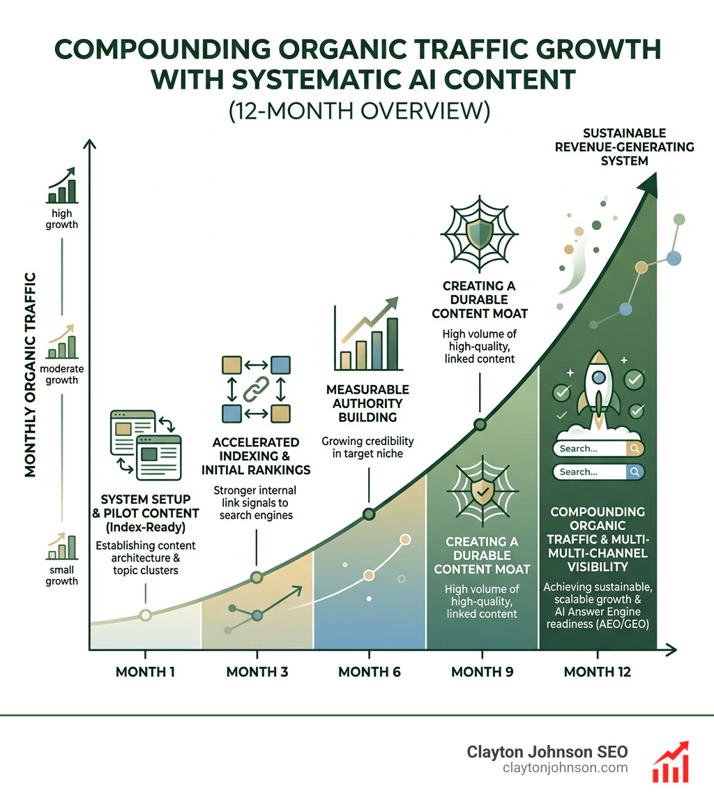 infographic showing the compounding growth of organic traffic when using a systematic AI content approach over 12 months