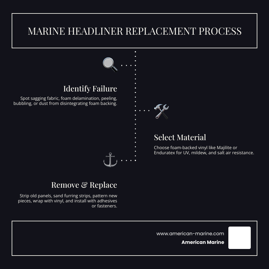 Marine headliner replacement workflow infographic: identify failure, select material, remove panels, pattern and wrap