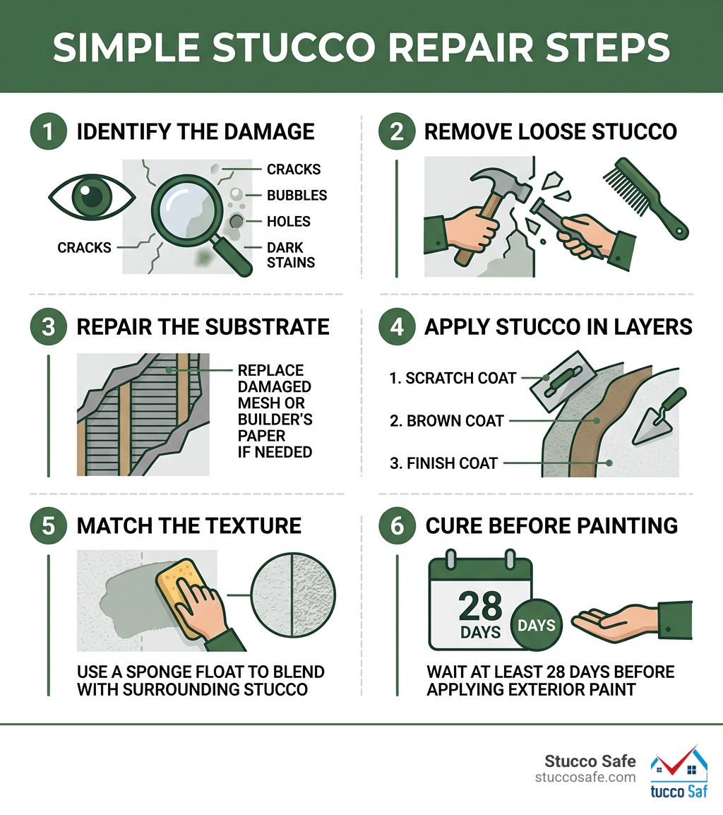 Stucco repair steps infographic showing damage identification through texture matching and curing - how to fix stucco on a Stucco repair steps infographic showing damage identification through texture matching and curing - how to fix stucco on a