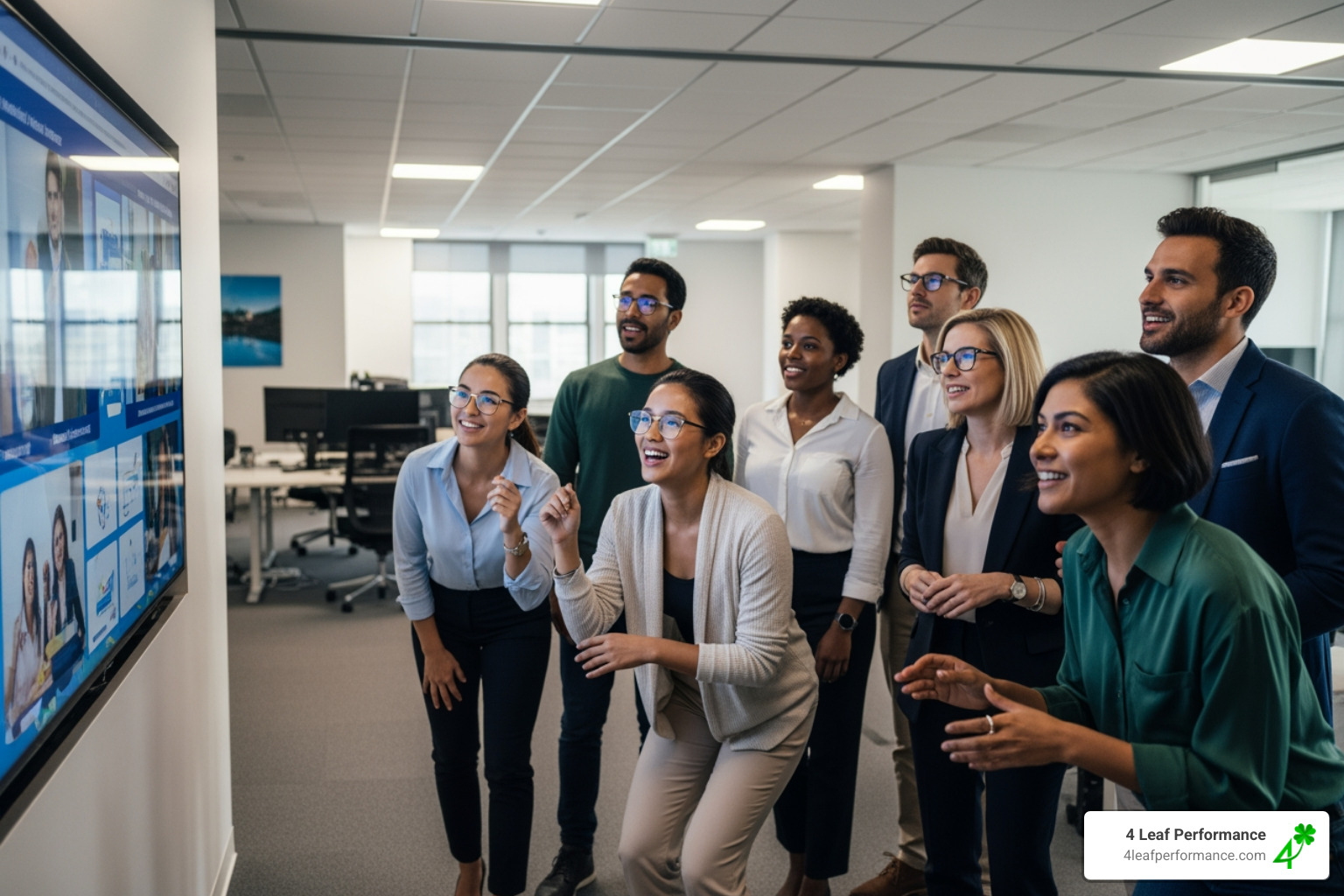 diverse team in a modern office watching a virtual keynote presentation on a large screen - virtual keynote speaker diverse team in a modern office watching a virtual keynote presentation on a large screen - virtual keynote speaker