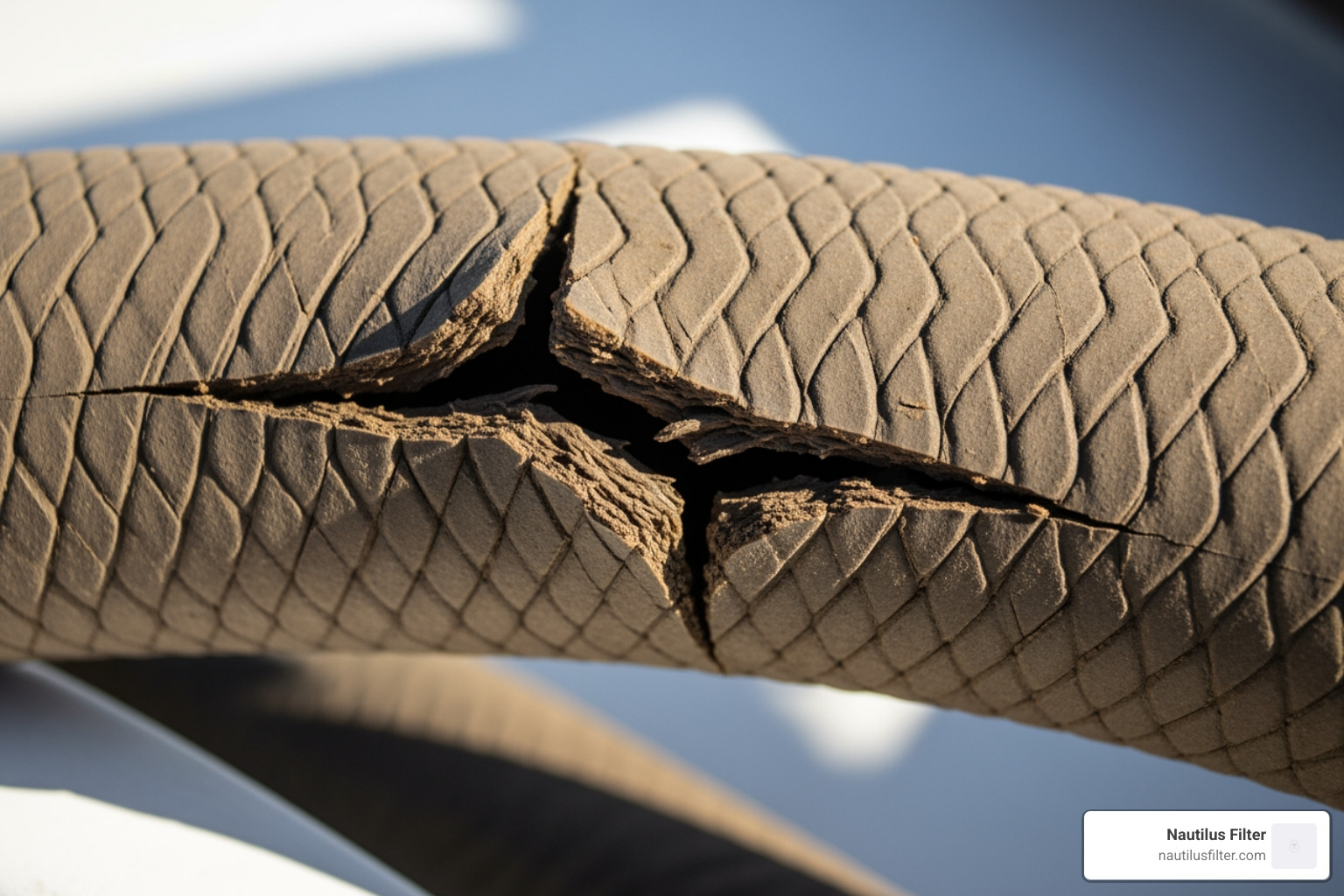 Close-up of a cracked marine sanitation hose caused by ice expansion - winterize boat holding tank