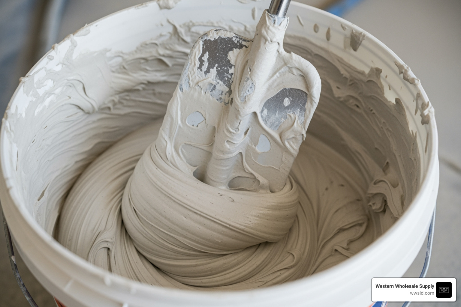 Mixing paddle in a clean plastic bucket with fresh quick set joint compound - quick set joint compound Mixing paddle in a clean plastic bucket with fresh quick set joint compound - quick set joint compound