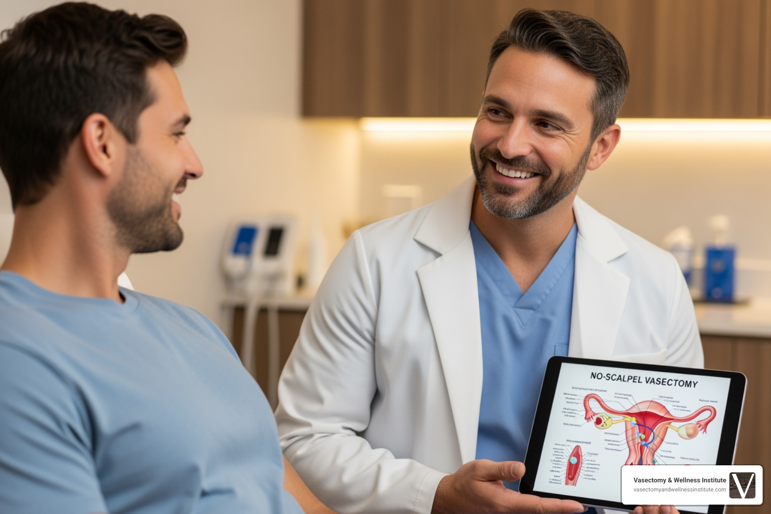 Urologist explaining the no-scalpel procedure to a relaxed patient - painless vasectomy procedure