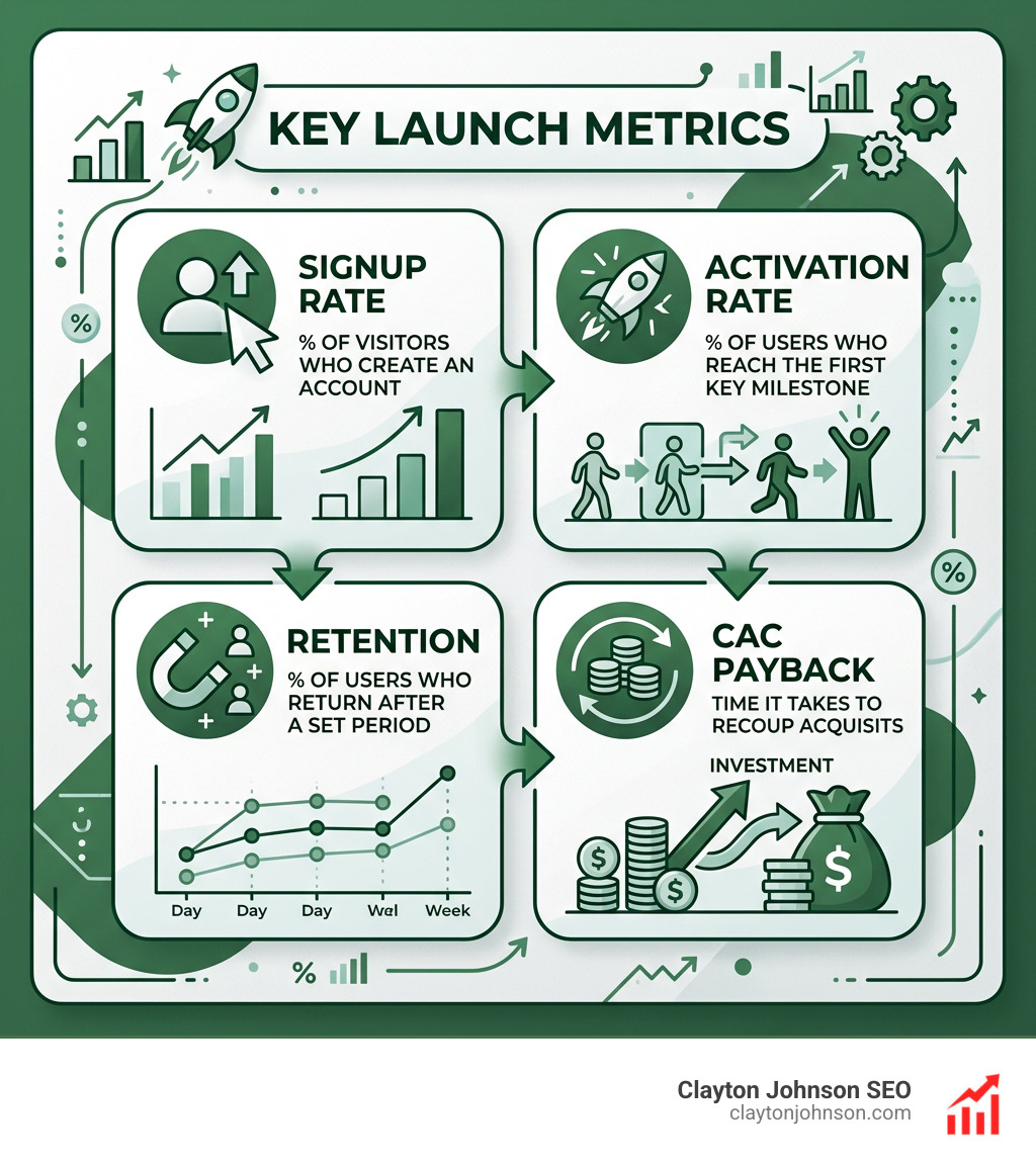 Infographic showing key launch metrics: Signup Rate, Activation Rate, Retention, and CAC Payback - audience building launch