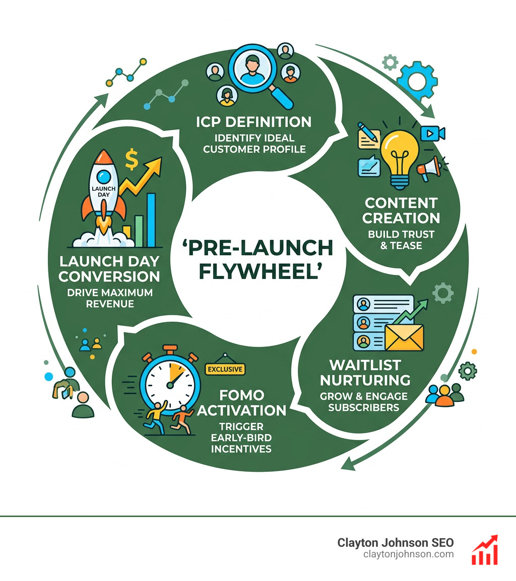 Pre-launch flywheel showing ICP definition, content creation, waitlist nurturing, FOMO activation, and launch day conversion