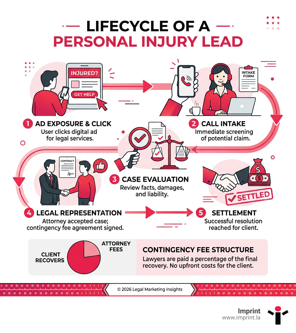 Lifecycle of a personal injury lead from ad click to settlement, showing ad exposure, call intake, case evaluation, and Lifecycle of a personal injury lead from ad click to settlement, showing ad exposure, call intake, case evaluation, and