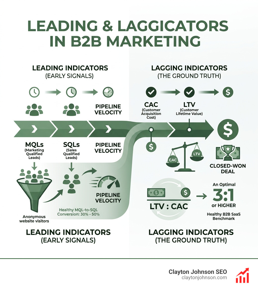 Infographic showing the relationship between leading and lagging indicators in B2B marketing - roi marketing frameworks for