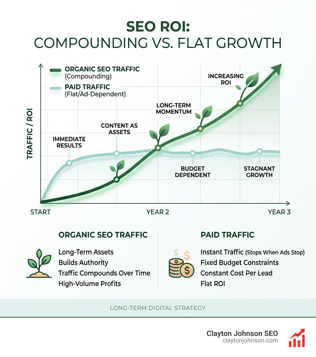SEO ROI comparison chart showing organic traffic compounding over time versus flat paid traffic - seo marketing strategy