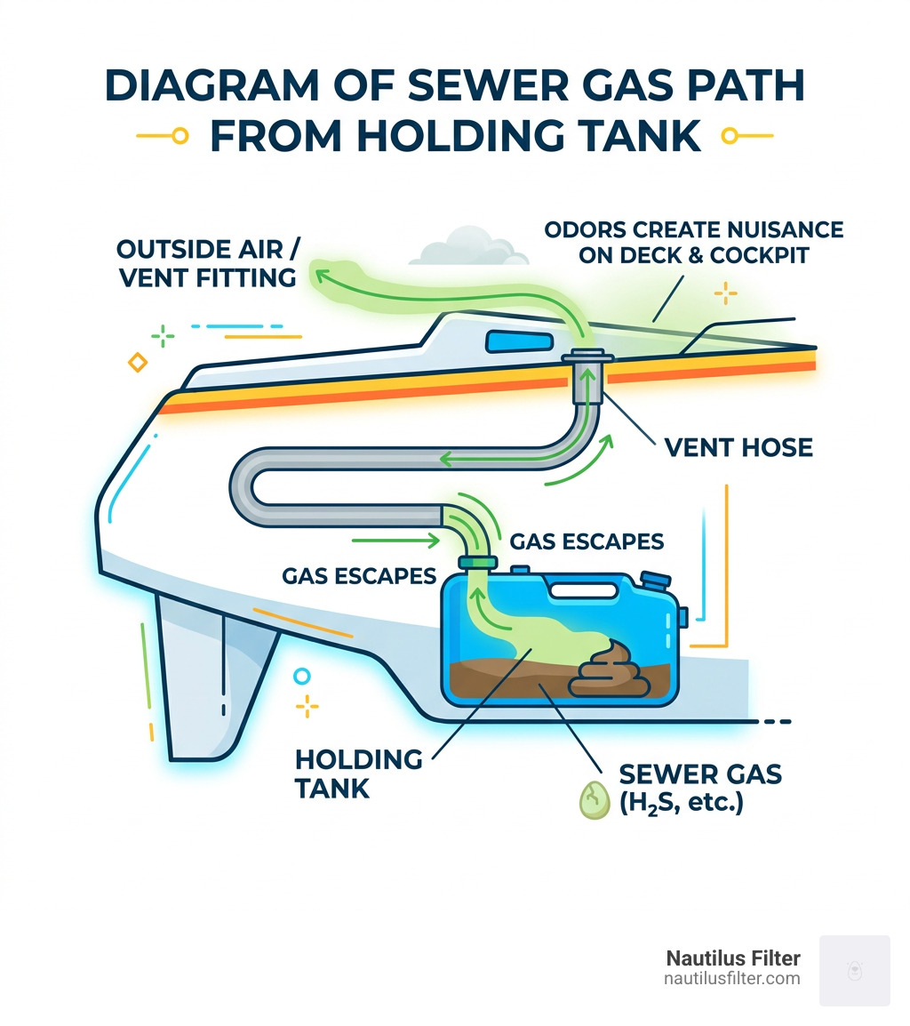 Diagram showing path of sewer gas from holding tank through vent hose to outside air on a boat - why holding tank smells