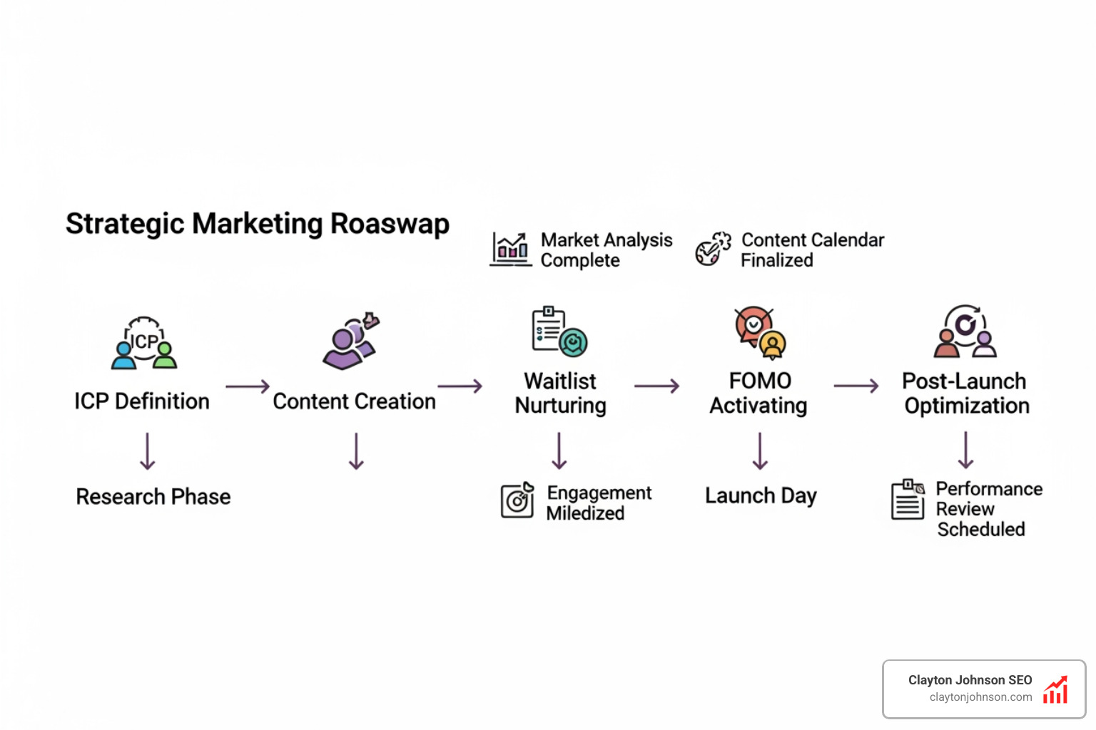 Strategic marketing roadmap showing timeline from research to post-launch optimization - audience building launch playbook