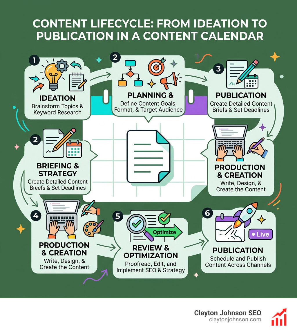 Content lifecycle infographic from ideation to publication stages in a content calendar - content calendar google docs