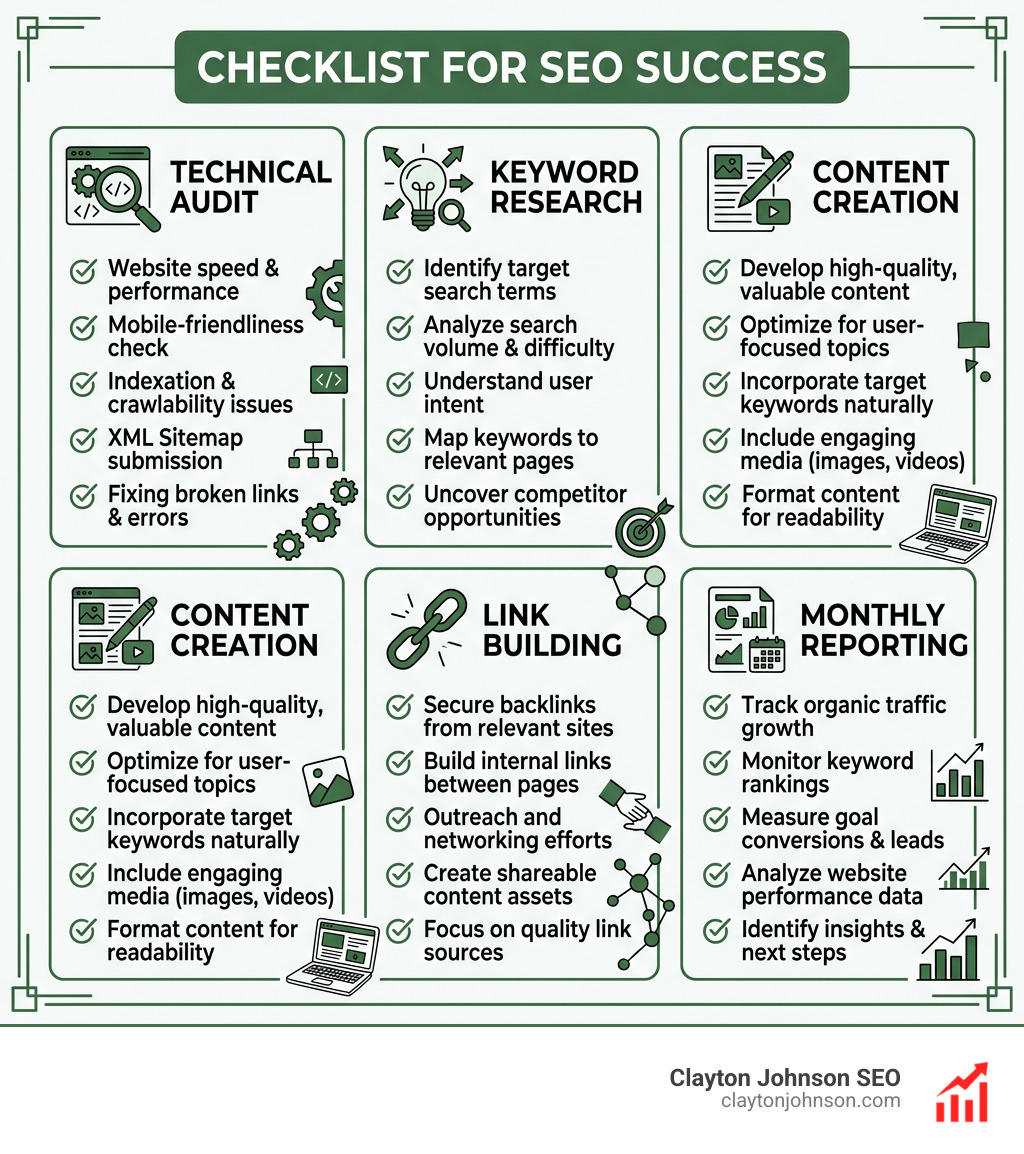 Checklist infographic for SEO success: Technical Audit, Keyword Research, Content Creation, Link Building, and Monthly Checklist infographic for SEO success: Technical Audit, Keyword Research, Content Creation, Link Building, and Monthly