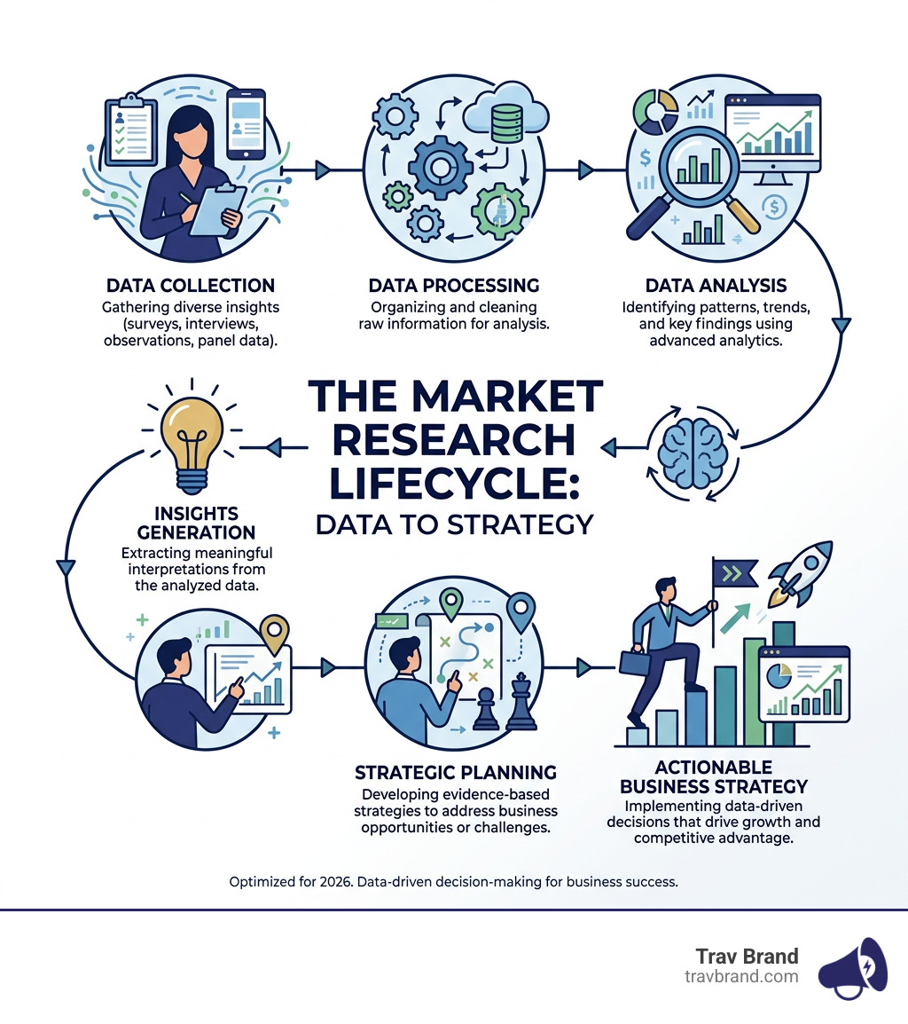 Market research lifecycle from data collection to actionable business strategy - Market research services infographic Market research lifecycle from data collection to actionable business strategy - Market research services infographic