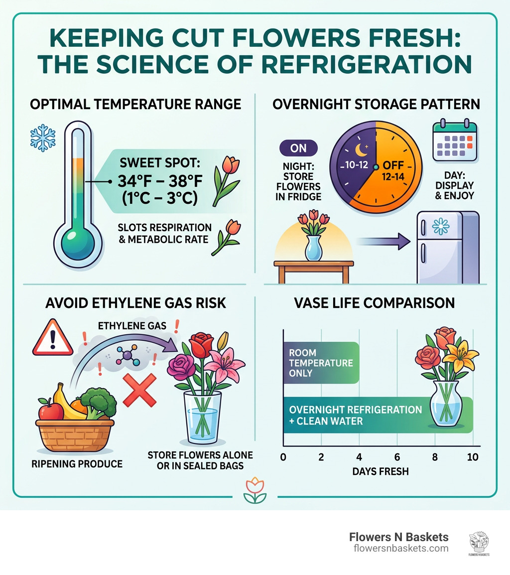 Infographic showing flower refrigeration science: temperature range, overnight storage pattern, ethylene gas risk, and vase