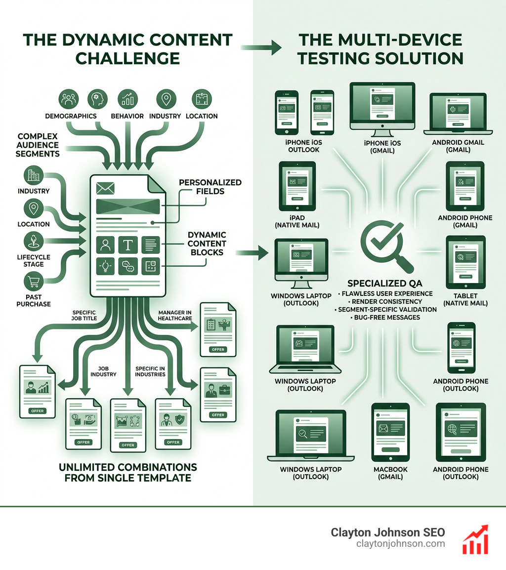Infographic showing the complexity of dynamic email content and the need for multi-device testing - qa in marketing